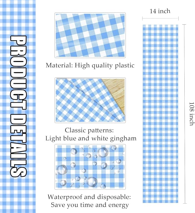 6 Pcs Light Blue and White Checkered Table Runner Plastic 14 x 108 Disposable - Image 3