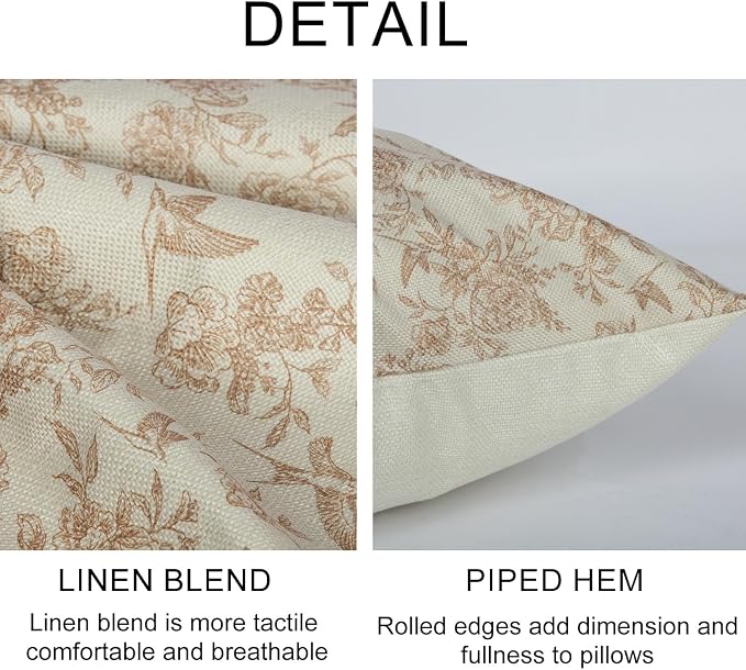 Brown Floral Pillow Cover 18x 18 Set of 2, Vintage Block Print Blooming Flower - Image 2