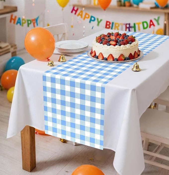 6 Pcs Light Blue and White Checkered Table Runner Plastic 14 x 108 Disposable - Image 2