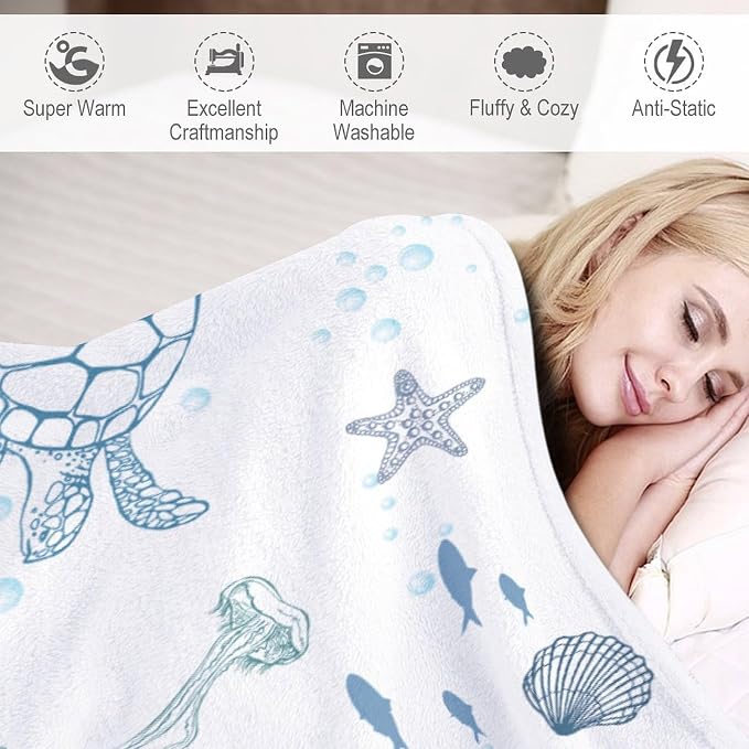 Nautical Turtle Throw Blanket, Coastal Sea Ocean Theme Coral Starfish Seashell - Image 4