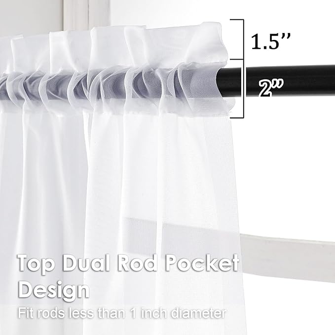 OVZME White Sheer Curtains 45 Inch Long 2 Panels, Rod Pocket Voile Drapes - Image 3