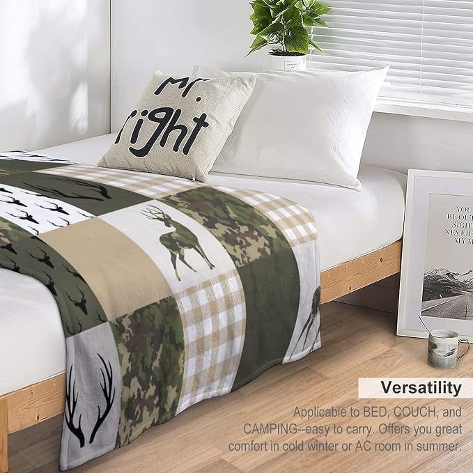 Camouflage Deer Blanket, Vintage Camo Green Beige Plaid Rustic Cabin Wildlife - Image 5