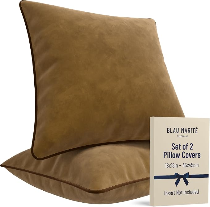 2 Pack Velvet Decorative Throw Pillow Covers, Camel and Brown, Contrast Piping by BLAUMARIT%C3%89