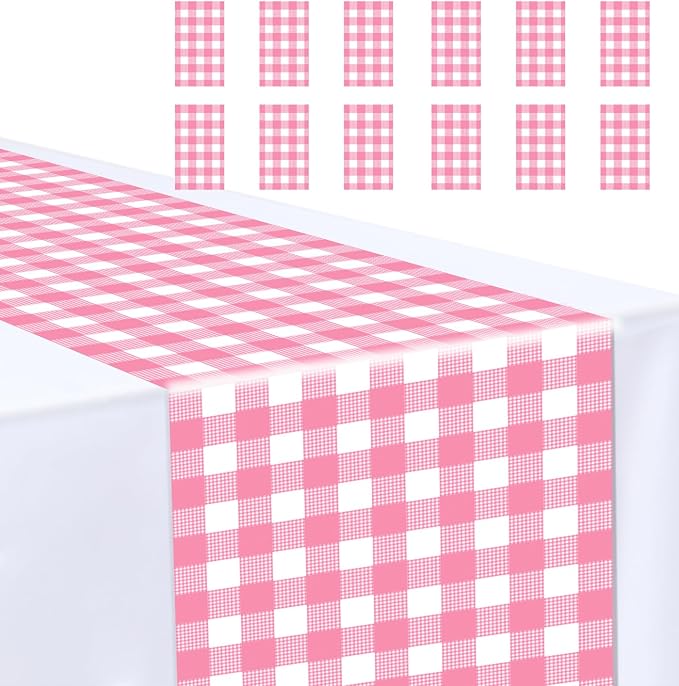12 Pcs Hot Pink and White Checkered Table Runner Plastic 14 x 108 Disposable by MUNILAIL