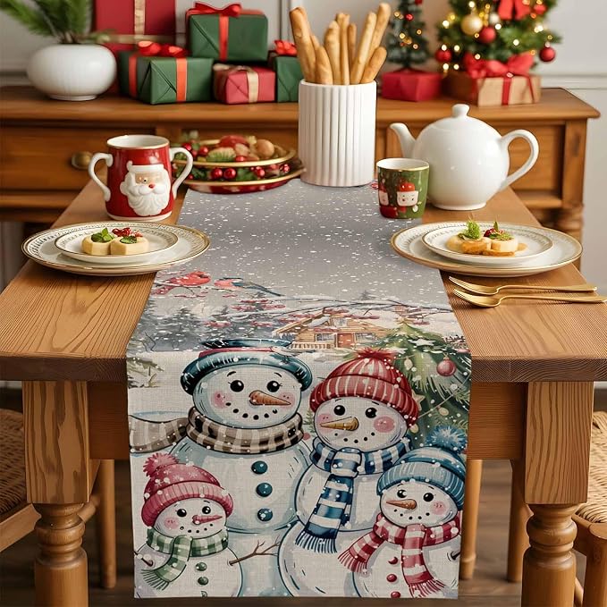 Christmas Table Runner, 18x72 Inch, Snowman Family Table Runners Pine Tree Snow - Image 4