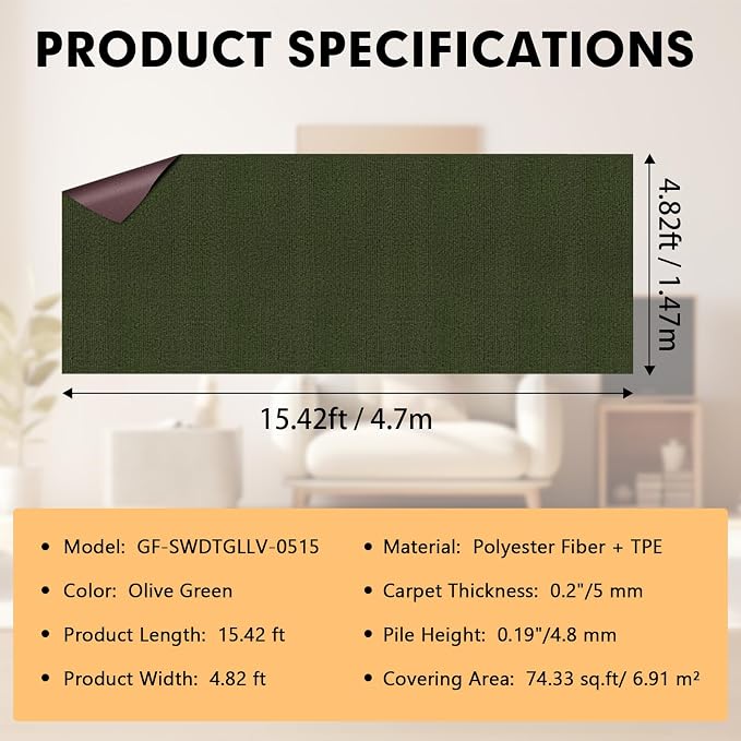 Marine Carpet, 5 FT x 15 FT Olive Green Indoor Outdoor Carpet 0.2" Thick - Image 2