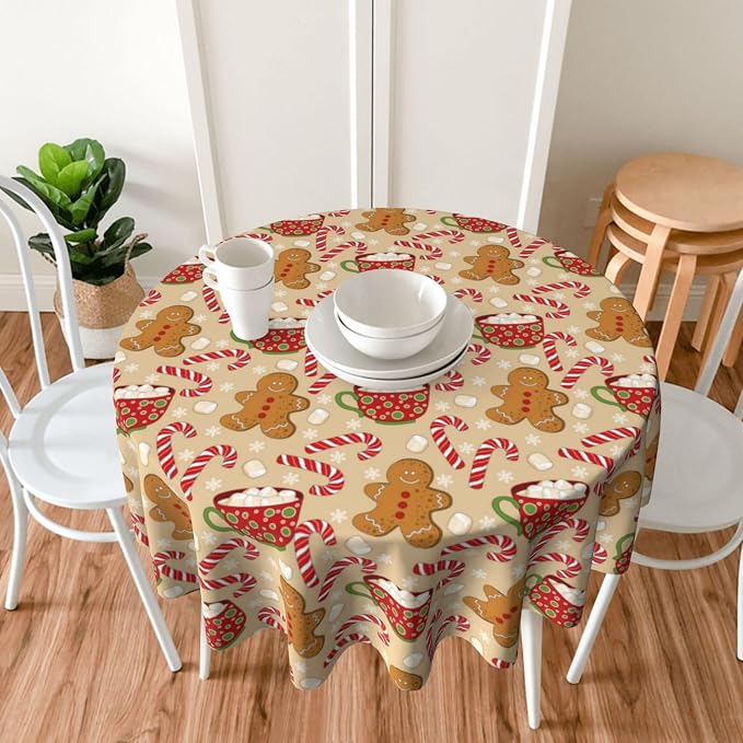 Christmas Tablecloth Round 60×60 Inch, Gingerbread Man Candy Cane Holiday - Image 3