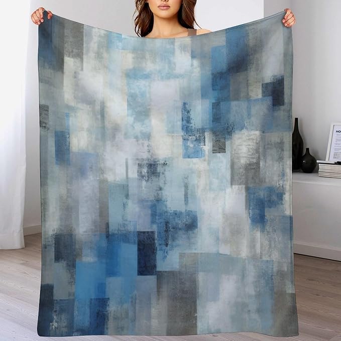 Fashion Gradient Blanket, Modern Art Abstract Blue Grey Check Painting Strokes - Image 5