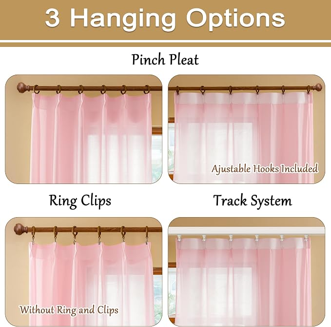 MAIHER Pink Pleated Sheer Curtains 96 Inches Long - Image 2
