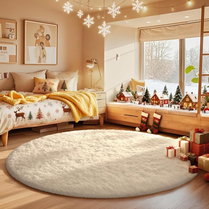 Ophanie Round Rugs 5Ft Ivory Circle Area Rug, Nursery Room Decor, Christmas by Ophanie