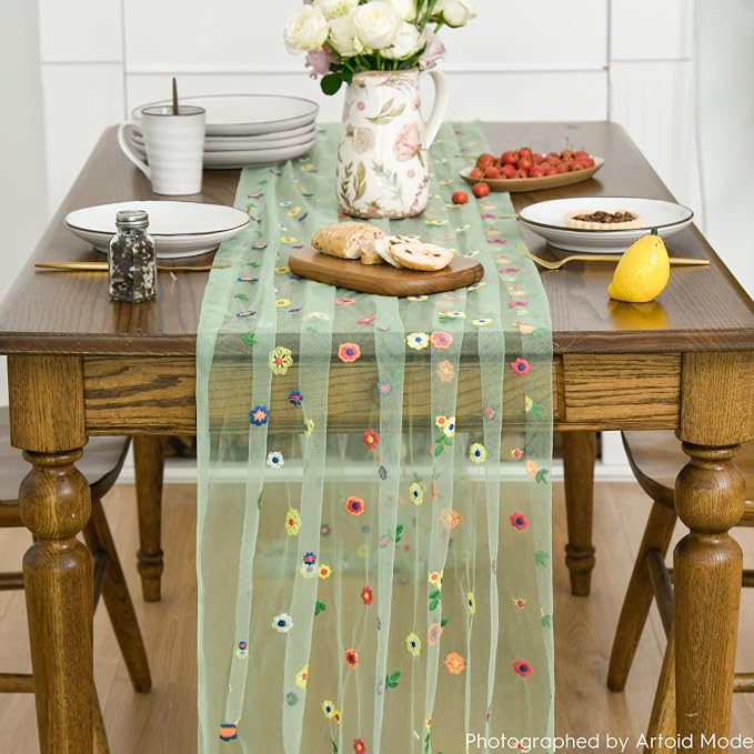 Artoid Mode Sage Green Embroidery Daisy Gauze Table Runner 120 Inch 10FT - Image 2