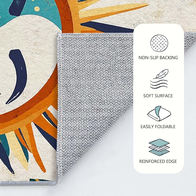 5x7 Sun and Moon Area Rug Leaf Orange Yellow Blue Beige Rug Non Slip Low Pile - Image 8