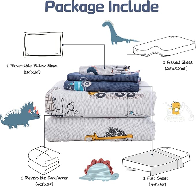 DJY 4 Pieces Cotton Toddler Bedding Set, Dinosaur Cars Reversible Toddler Bed - Image 7