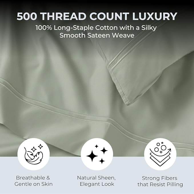 100% Natural Cotton Sheets Queen Size Bed Set | 500 TC Single-Ply Sateen Weave - Image 2