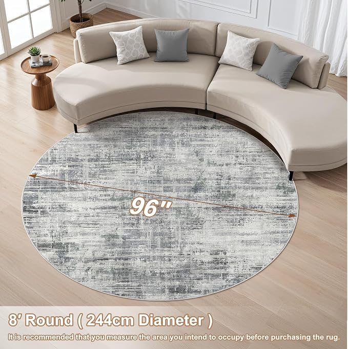 8ft Round Area Rug for Living Room: 8x8 Washable Neutral Abstract Modern Soft - Image 4