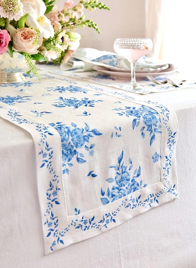 Solino Home Blue Floral Print Table Runner 72 Inches Long - Image 2