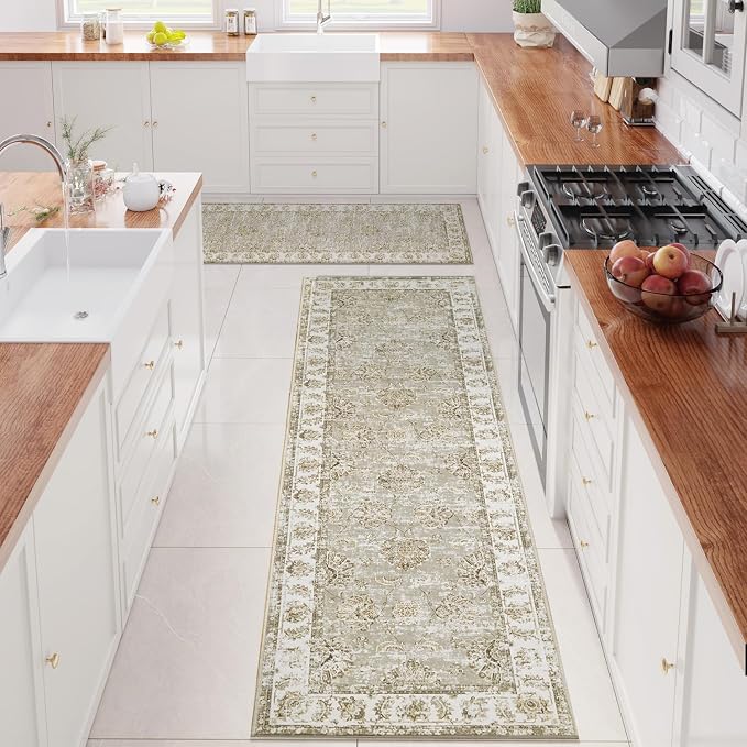 jinchan Fiora Runner Rug 3x10-2pcs Kitchen Washable Vintage Hallway Rug Floral - Image 2