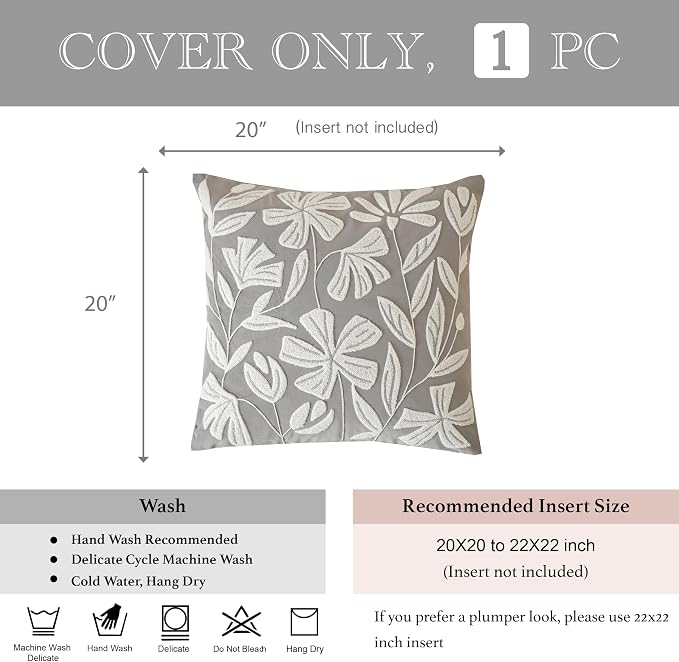 BlissBlush Grey Velvet Floral Decorative Throw Pillow Cover 20X20, Light Gray - Image 3