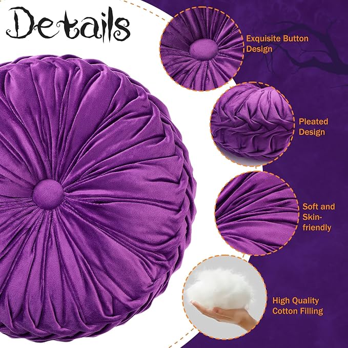 2 Pcs Round Throw Pillows 15 Inch Decorative Velvet Pleated Pumpkin Floor Boho - Image 3