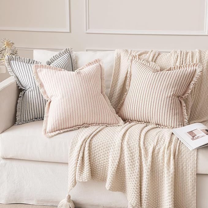 MIULEE Pack of 2 Pink Pillow Covers 24x24 Inch Striped Farmhouse Couch Throw - Image 7