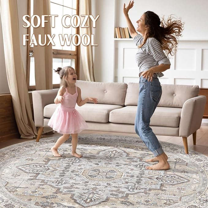 Round Rug Living Room Rugs: 5Ft Washable Boho Neutral Large Circle Soft Indoor - Image 3