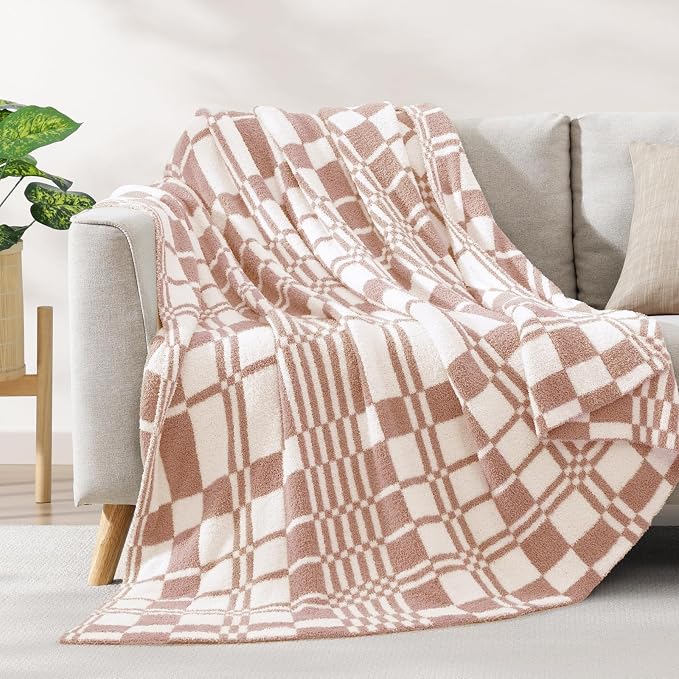 WRENSONGE Checkered Throw Blanket, Clay Pink Soft Cozy Fluffy Warm Hand Made - Image 2
