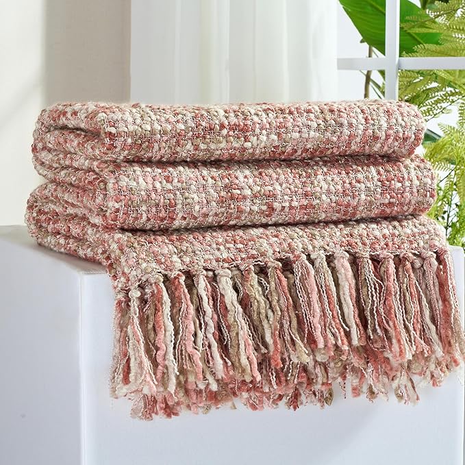 Multi-Color Light Pink Cable Knitted Throw Blanket by GINAMUSE