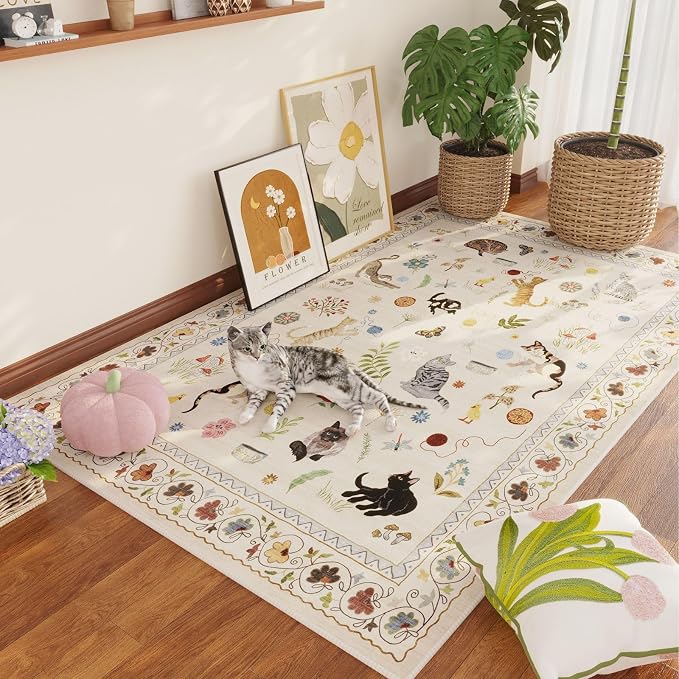 Rugcomf Area Rug 4x6 Rug Washable Boho Rugs Non Slip Low Pile Floral Animal Cat by Rugcomf