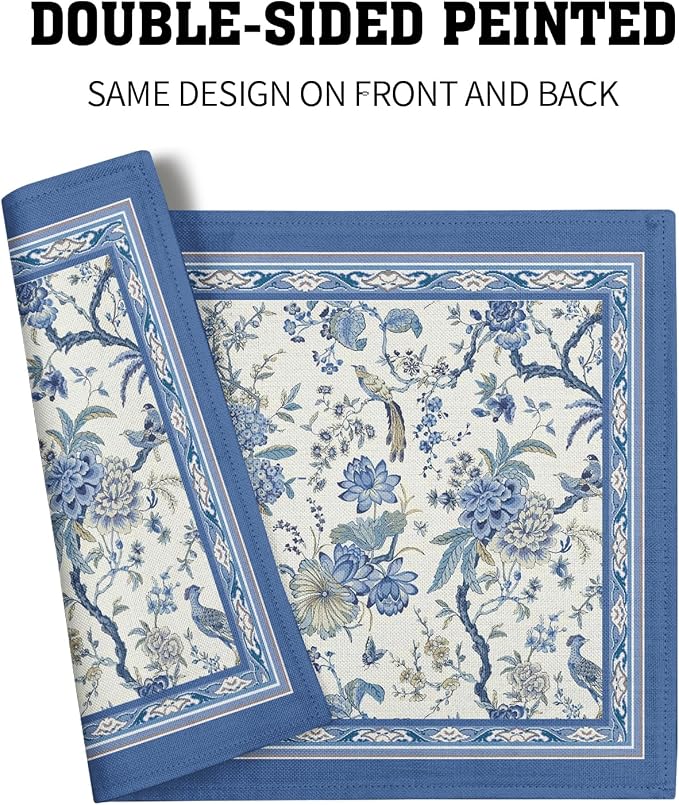 Giwawa 4PCs Chinoiserie Placemats Blue White Floral Birds Decorative Linen - Image 5