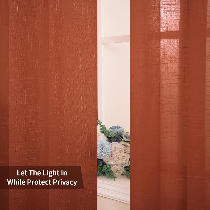 MIULEE Burnt Orange 2 Panels 84 Inch Long Farmhouse Linen Sheer Window Curtains - Image 4