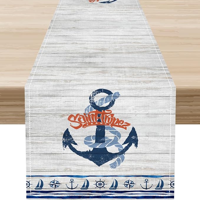 Nautical Anchor Table Runner, Retro Coastal Sailing Ship Anchor Wooden Plank by Unknown