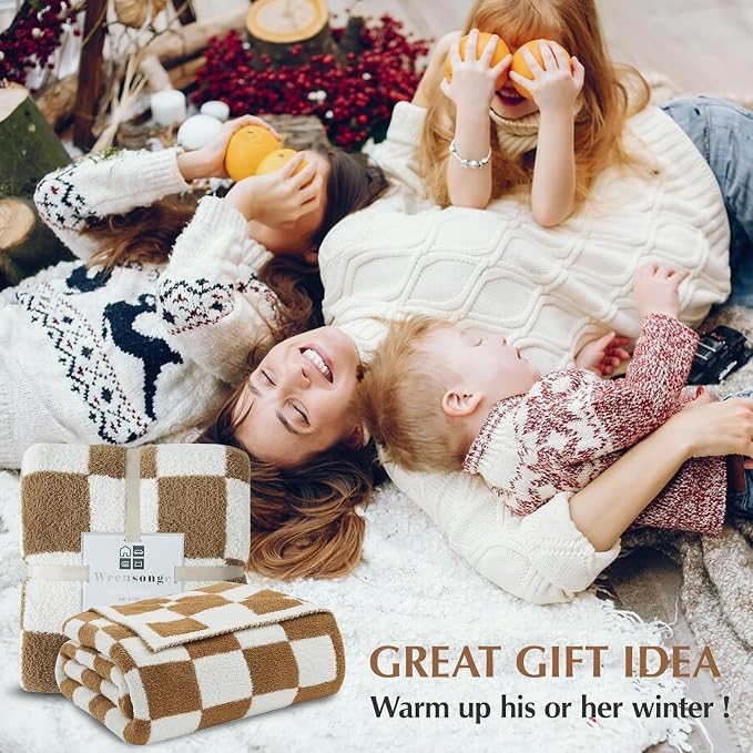 WRENSONGE Fall Checkered Throw Blanket, Burnt Orange Soft Cozy Fluffy Warm Hand - Image 8