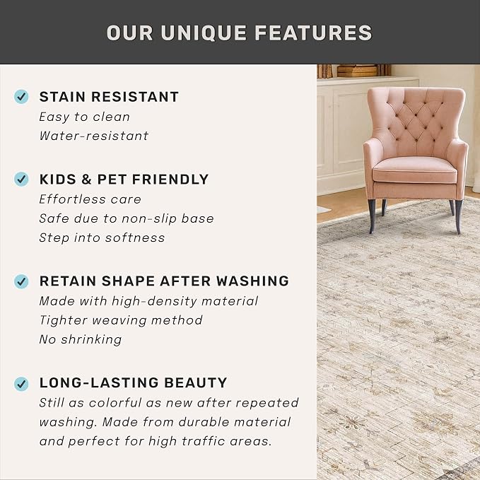 Washable Ivory 5x7 Rug for Bedroom, Home Office, Non Slip Dinning Rugs for - Image 6