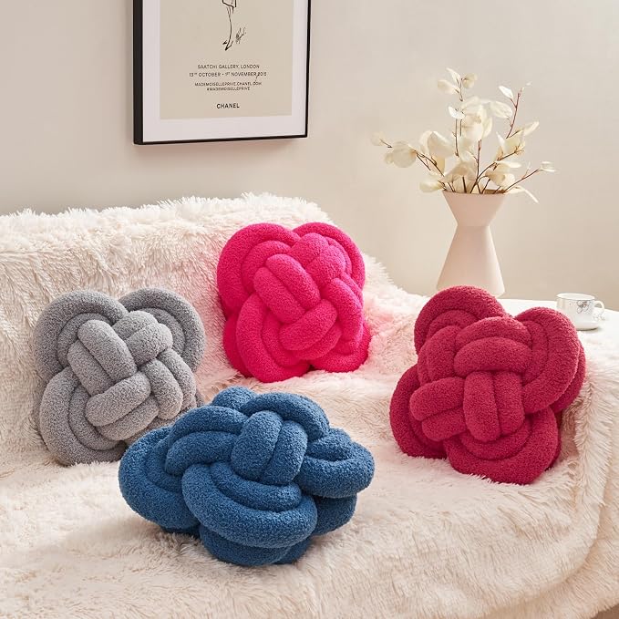 Xiashrk Knot Pillow Ball, Dark Blue Knotted Plush Throw Pillow Handmade Square - Image 2
