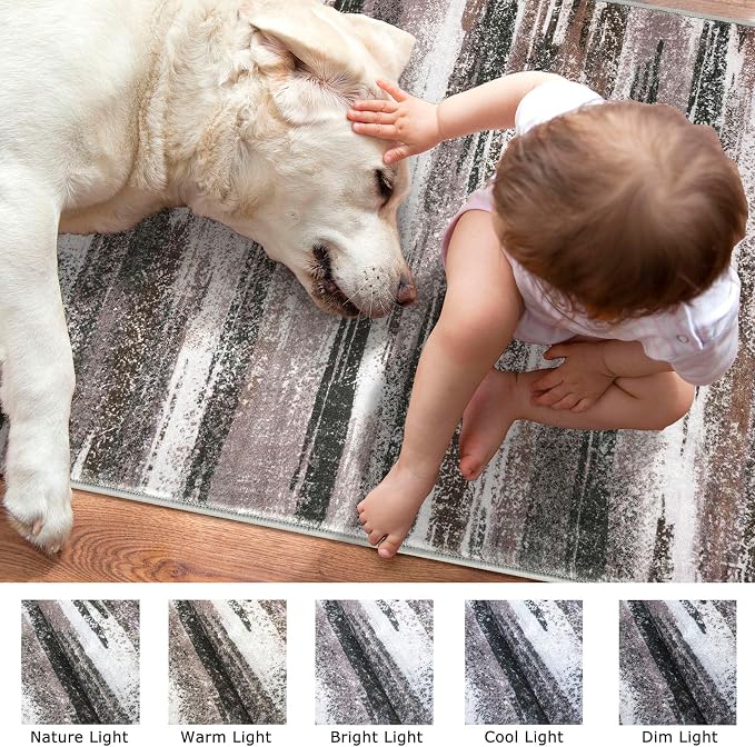Modern Abstract Runner Rug 2x5, Dark Light Brown White Washable Kitchen Runner - Image 3