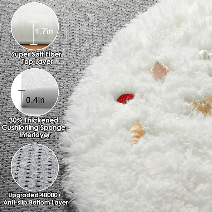 ONASAR Cream White Round Area Rugs 6ft, Fluffy Soft Bedroom Circle Rug Floor Mat - Image 2