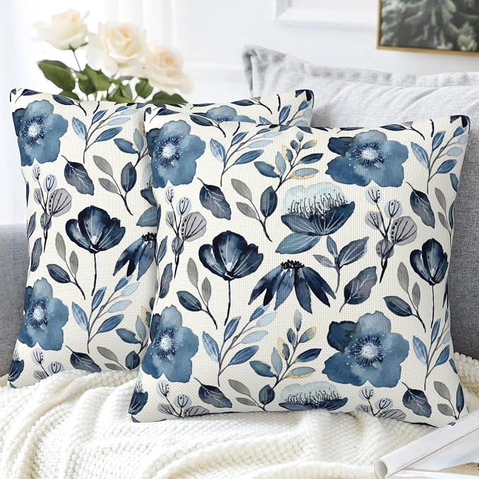 Throw Pillow Covers Blue Floral Pillow Covers 18x18 Inch Set of 2 Throw Pillows - Image 4