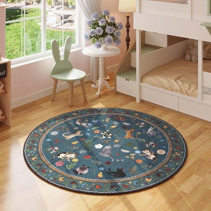 Rugcomf Round Rug 4ft Washable Circle Rug Non Slip Low Pile Boho Floral Animal - Image 2