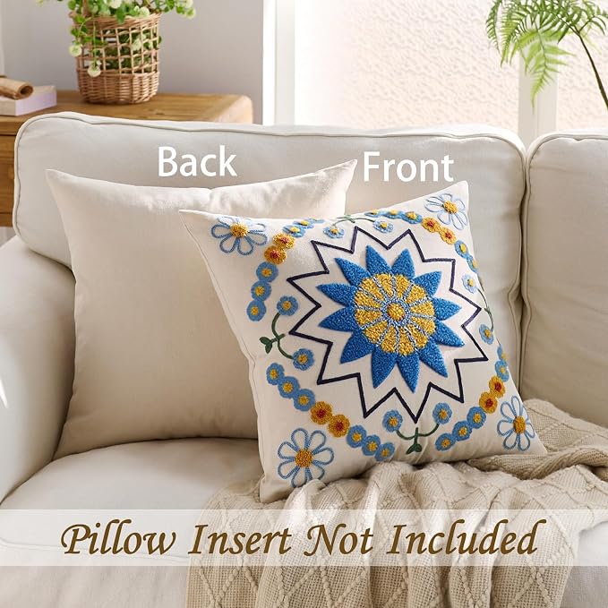 Embroidered Throw Pillow Cover 22x22 Classic Boho Floral Pattern Pillows Cover - Image 4