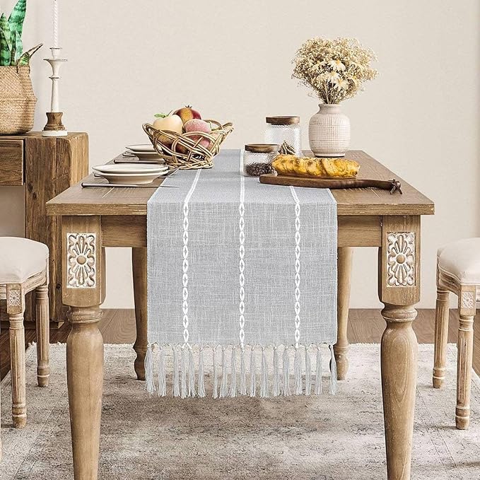 ZeeMart Farmhouse Braided Striped Table Runner, Rustic Grey Table Runners 48 by ZEEMARTONLINE
