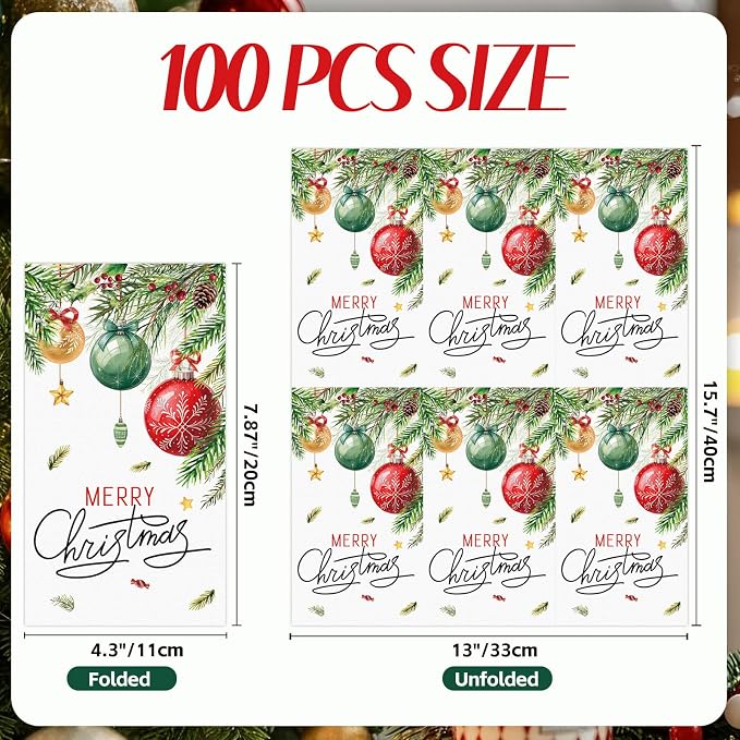 100 PCS Christmas Paper Napkins, Disposable Xmas Ornament Bathroom Guest Hand - Image 2