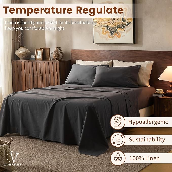100% Linen Sheets King Size, Breathable & Durable 4-Piece Bed Flax Sheet Set - Image 5