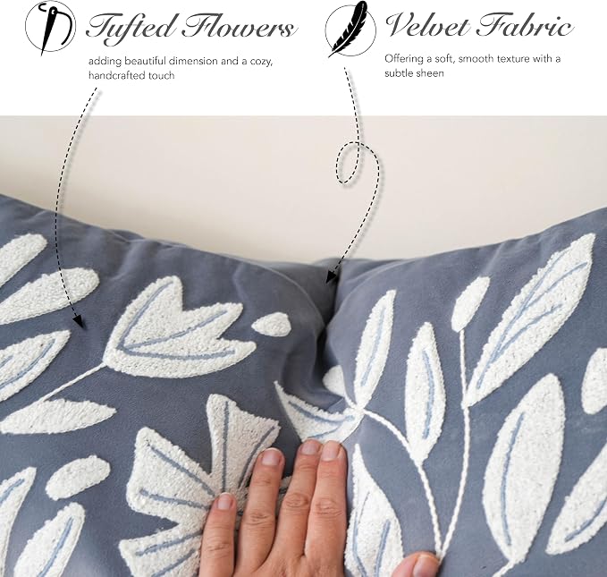 BlissBlush Blue Velvet Decorative Throw Pillow Cover 20X20, Flower Tufted Soft - Image 3