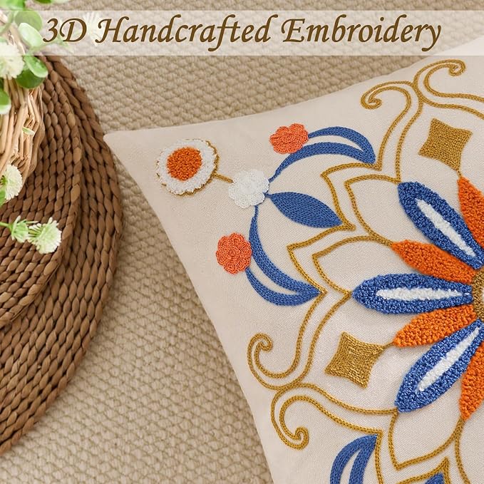 Embroidered Throw Pillow Cover 18x18 Classic Boho Floral Pattern Pillows Cover - Image 2