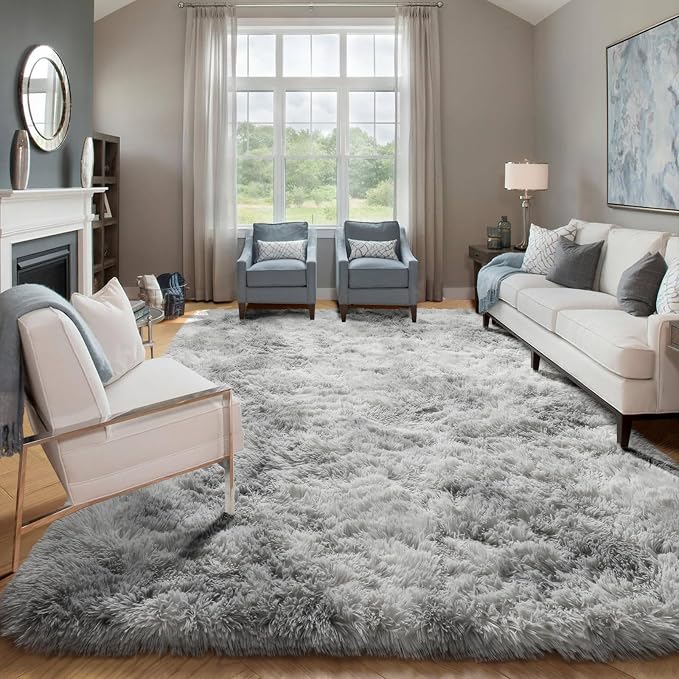 ONASAR Area Rugs 9x12 Living Room, Tie-Dyed Light Grey Large Fluffy Bedroom Rug - Image 8