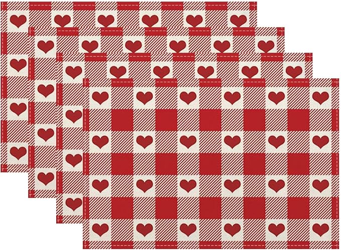 Valentine's Day Placemats Set of 4, Checked Love Hearts Decorative Table Mat 12 by Sunshineyan
