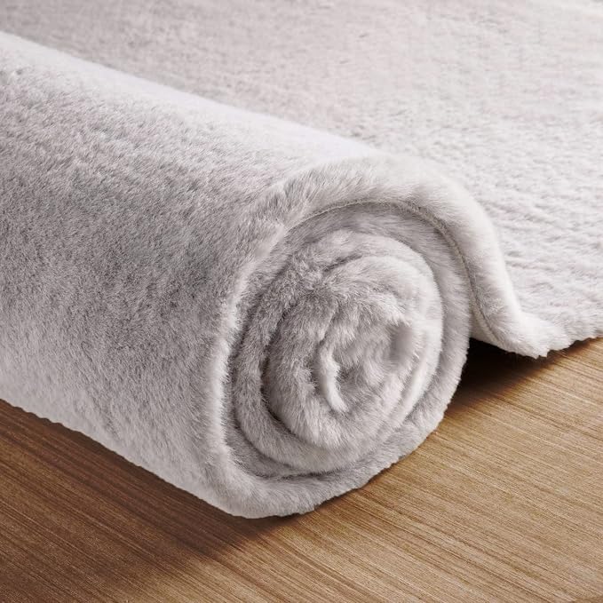 Grey Fluffy Faux Rabbit Washable Furry Fur Area Rugs - Image 6