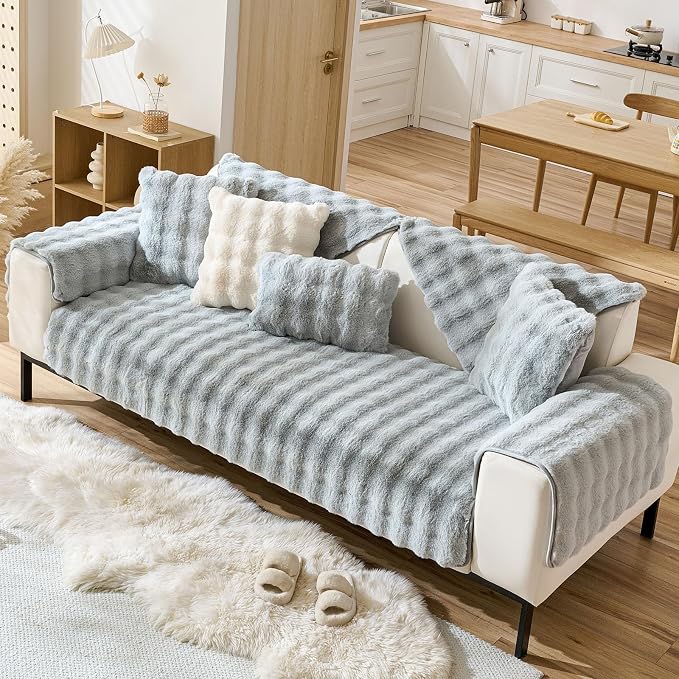 Faux Fur Armrest Cover Backrest Cover Fuzzy Plush Thick Bubble Sofa Cover - Image 4