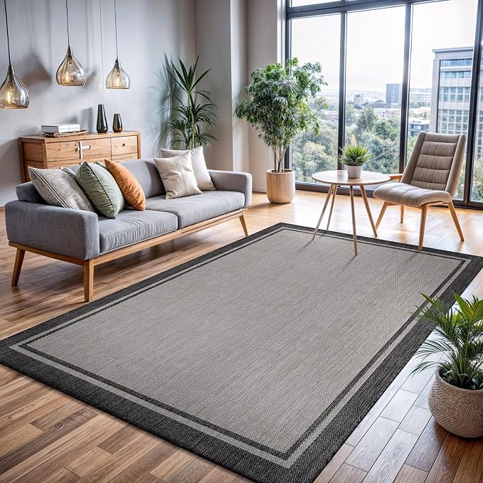 CAMILSON Indoor Outdoor Rug, 5x7 Bordered Gray Modern Area Rugs - Image 9