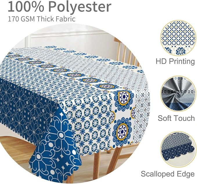 60x108inches Boho Rectangle Tablecloth Blue Floral Printed Bohemian Table Cloth - Image 3